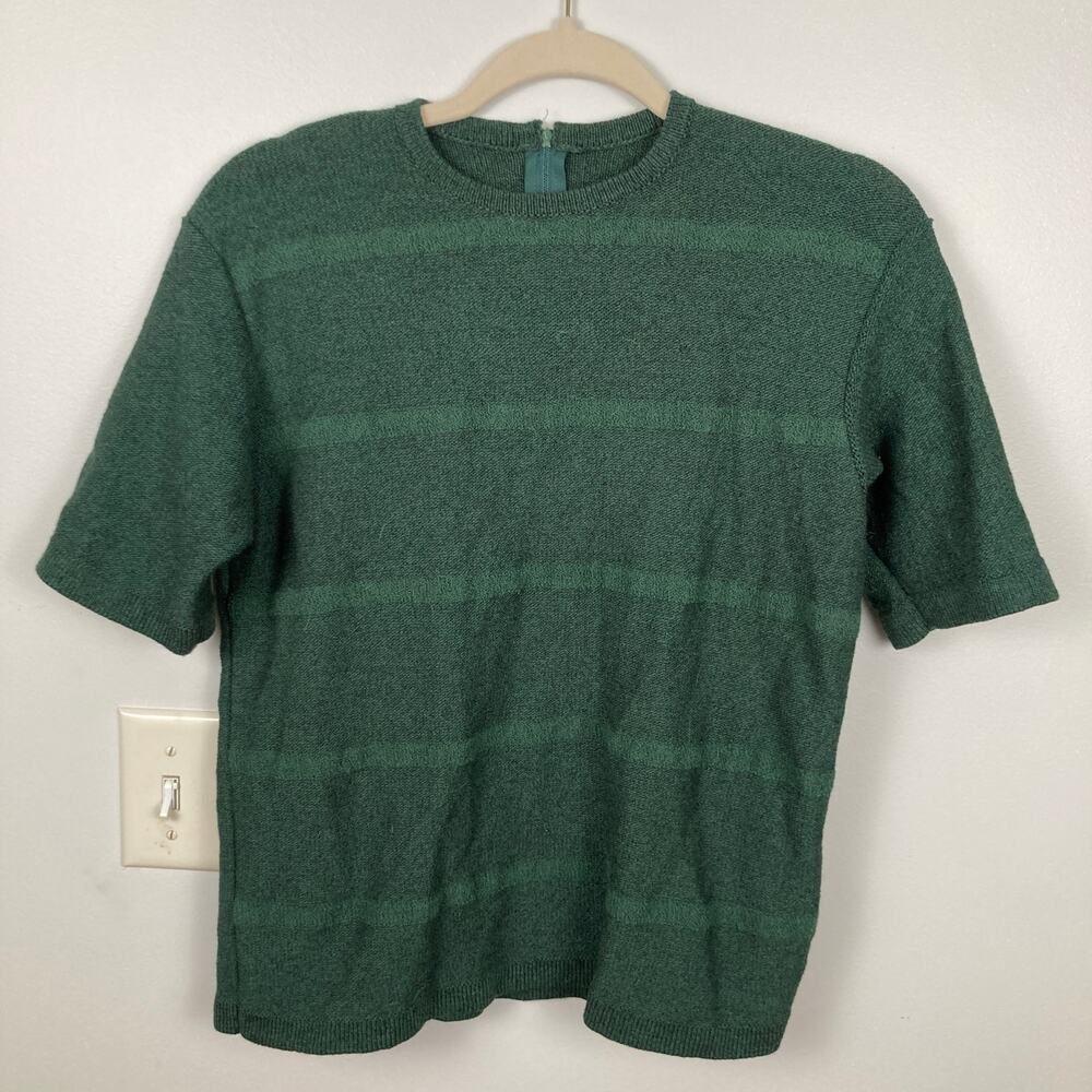 VTG Green Stripe Short Sleeve Wool Blend Knit Sweater Tee M Preppy Made in USA